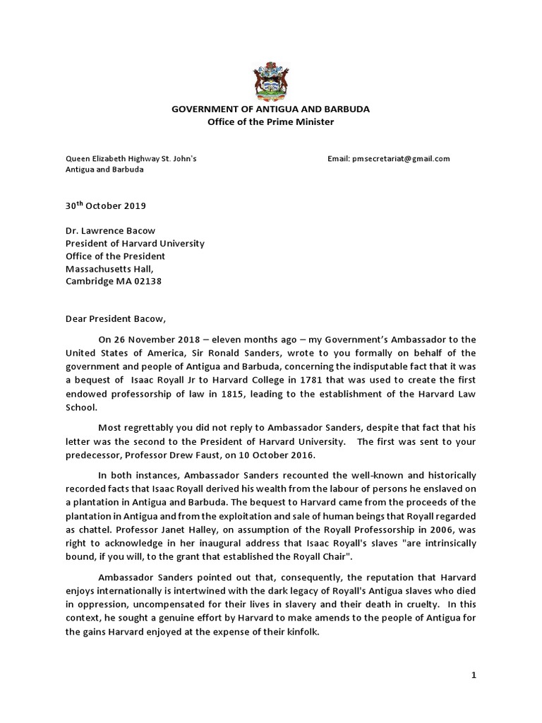Letter To Harvard President From Pm Browne 35534 Slavery Politics