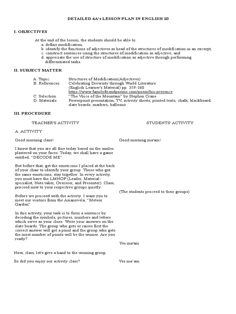 Detailed Lesson Plan Structures of Modification Adjective Adverb