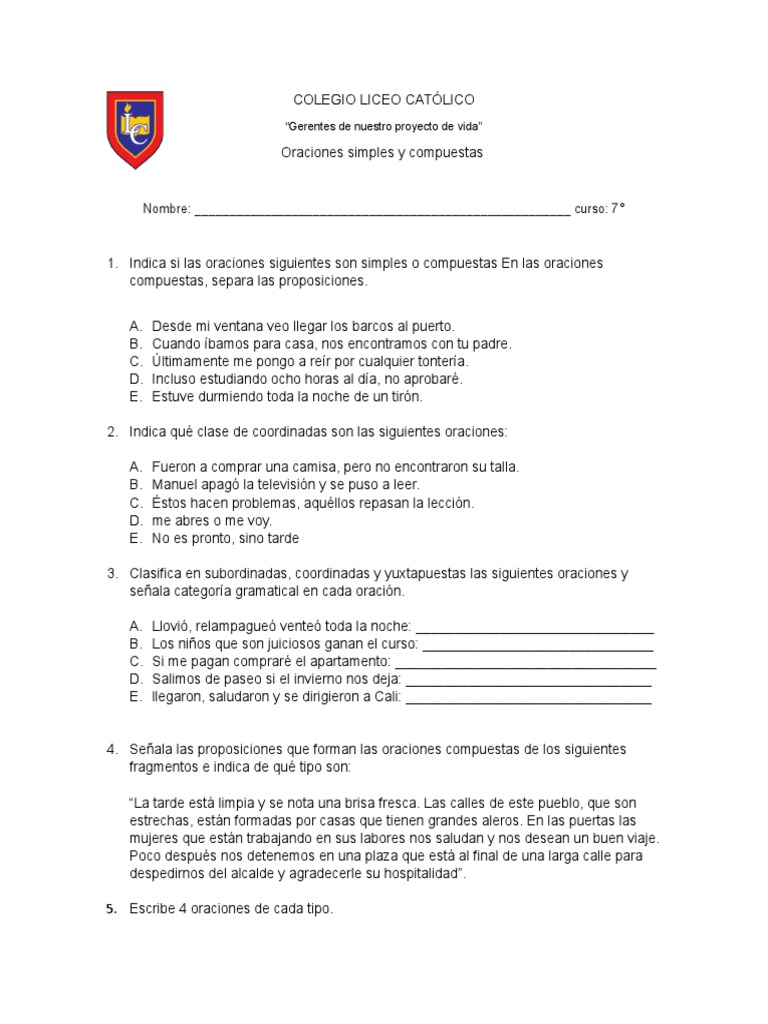 Taller 7º Oraciones Simples y Compuestas | PDF