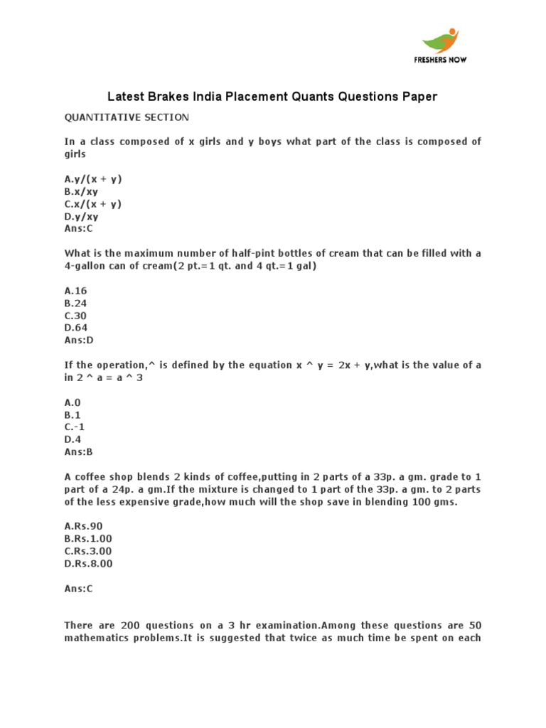 Latest Brakes India Placement Quants Questions Paper PDF