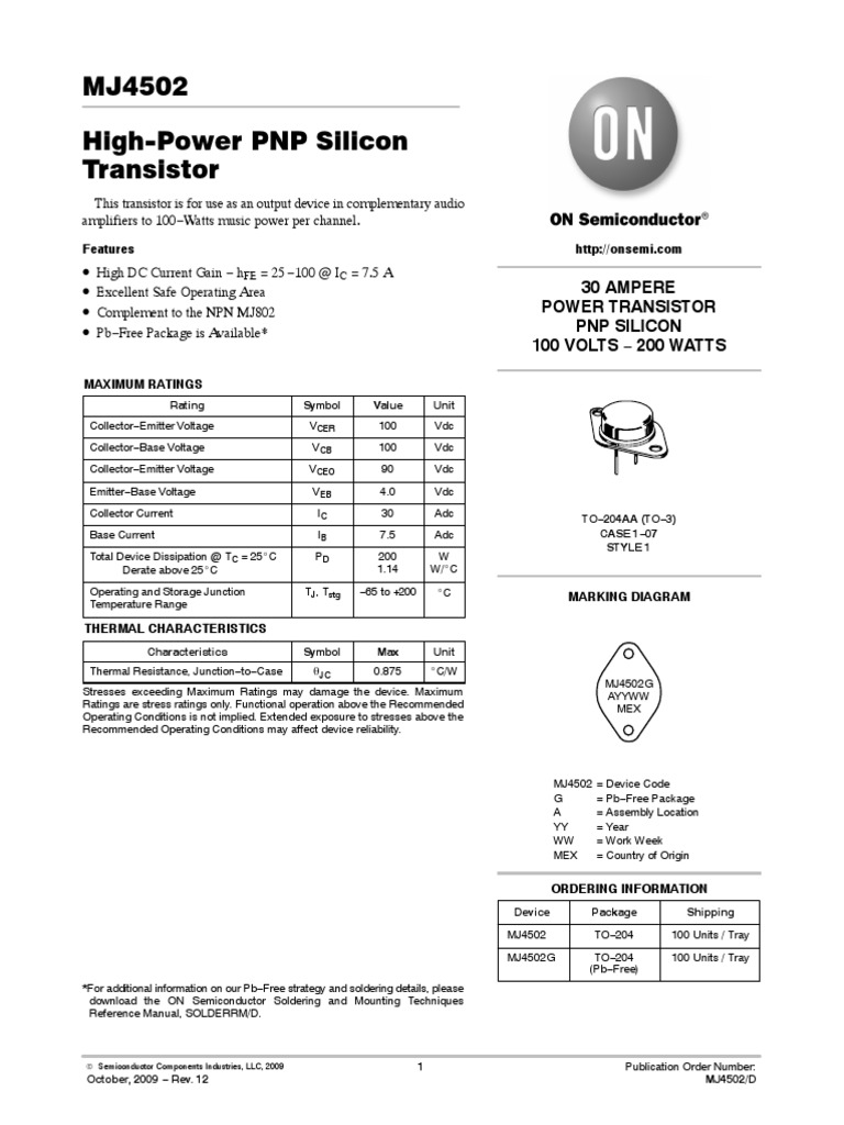 MJ4502 HighPower PNP Silicon Transistor PDF Bipolar Junction
