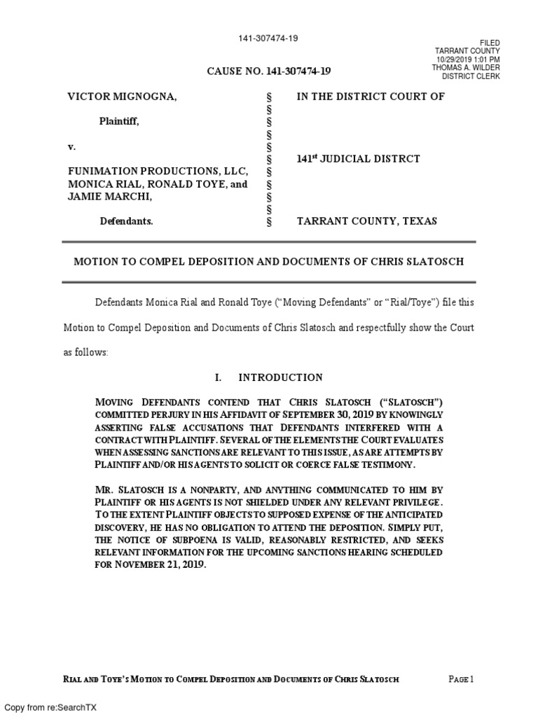 Motion to Compel Slatosch Deposition Deposition (Law) Motion To Compel Free 30day Trial