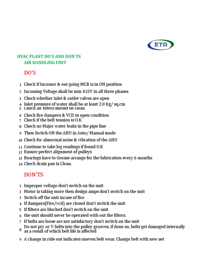 Hvac Plant Do'S and Don'Ts Air Handling Unit PDF