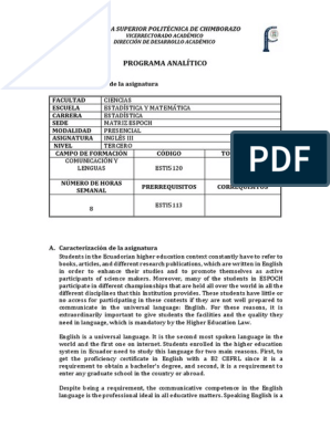 Plan Analítico Materia Inglés Carrera Estadística Nivel 3 | PDF |  Vocabulary | Literacy