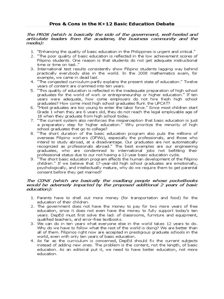 K-12 Education Debate: Pros and Cons | PDF | Learning | Behavior ...