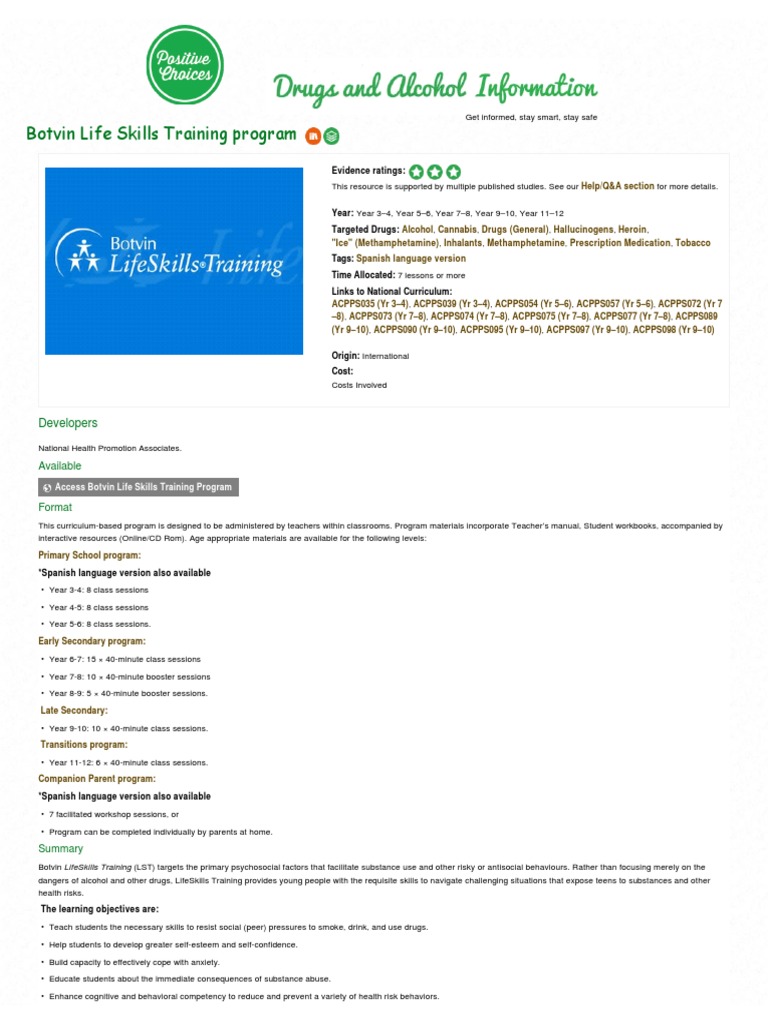 Botvin Life Skills Training Program: Developers | PDF | Substance Abuse ...