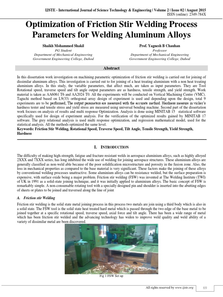 Optimization of Friction Stir Welding PR PDF | PDF | Materials | Chemistry