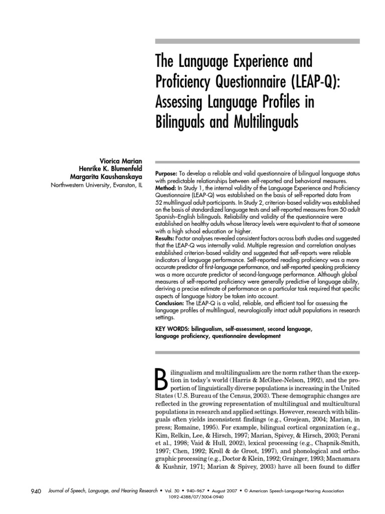 Language Exposure Questionnaire PDF | PDF | Multilingualism | Second ...