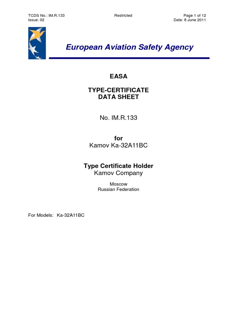 European Aviation Safety Agency Easa TypeCertificate Data Sheet PDF