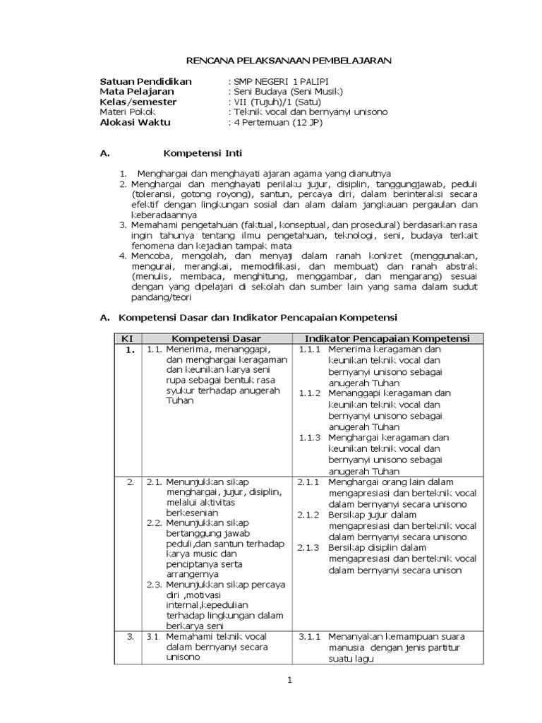 Rpp Seni Musik 1 Teknik Vocal Dan Bernyanyi Uni Sono Doc
