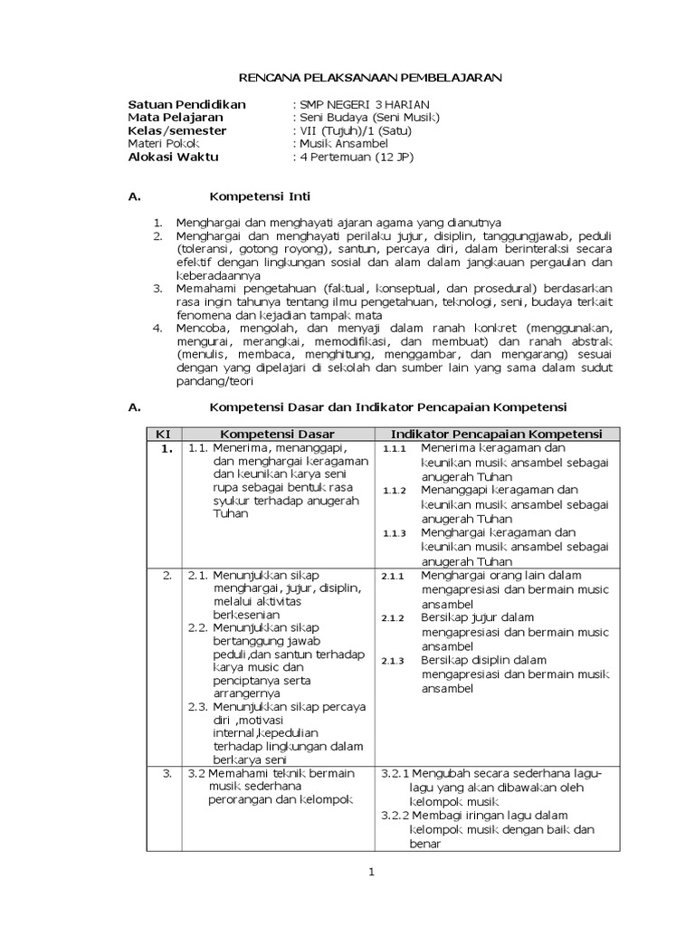 Rpp Seni Musik 2 Musik Ansambel Sederhana Doc
