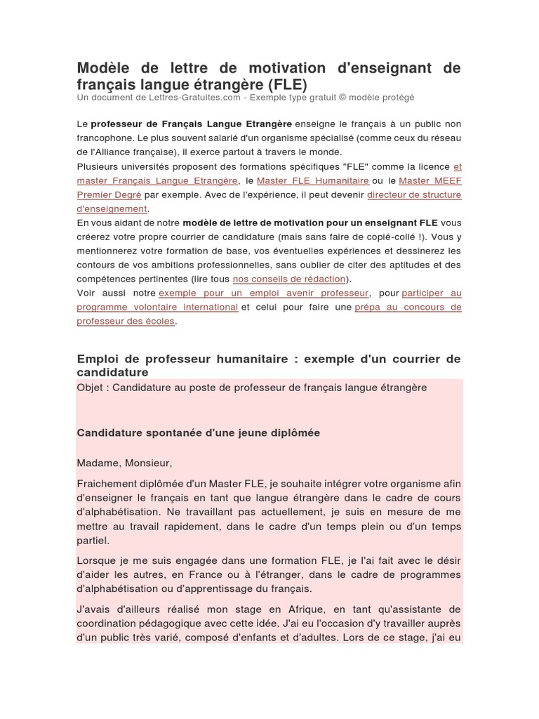 Modèle Lettre De Motivation Candidature Spontanée Enseignement