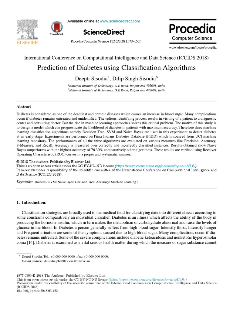 Prediction of Diabetes Using Classi Cation Algorithms | PDF ...