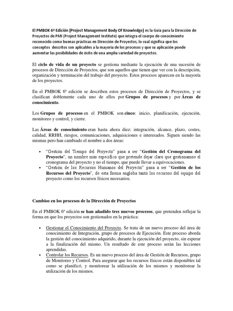 Cambios Clave en PMBOK 6ª Edición | PDF | Gestión de proyectos | Cognición