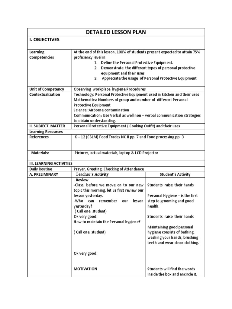 PPE in Cooking: A Lesson Plan | PDF | Personal Protective Equipment ...
