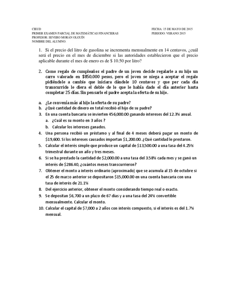 Examen Parcial de Matemáticas Financieras | PDF | Crecimiento personal ...