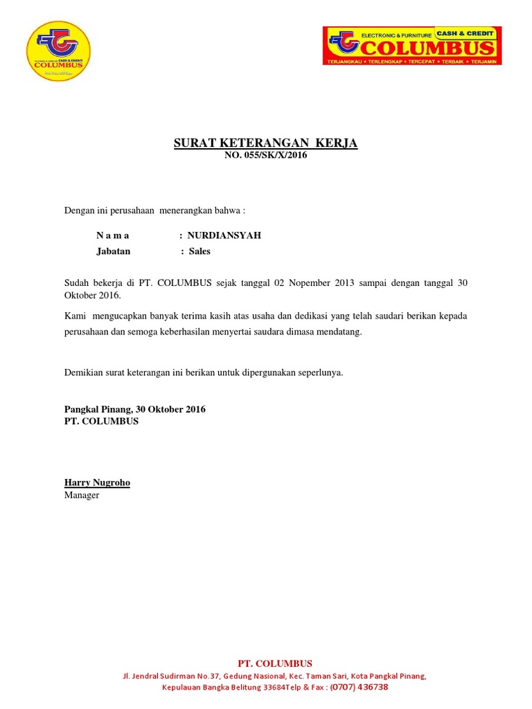 Contoh Surat Lamaran Kerja Pt Columbus Aishiteru Kwon