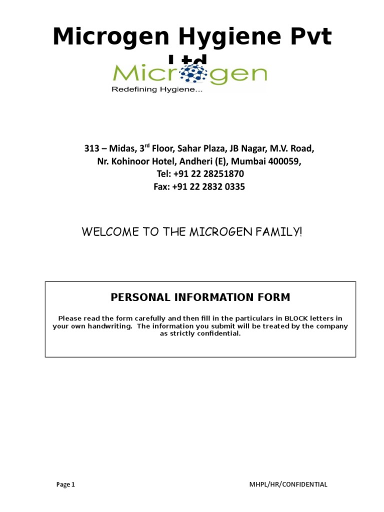 Microgen Hygiene Pvt Personal Form | PDF | Employment | Marriage