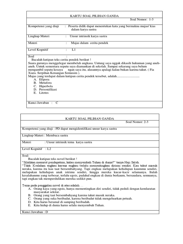 Kartu Soal Pg Pk 3