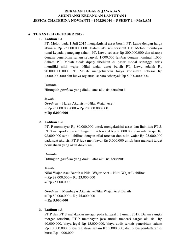 Soal Dan Jawaban Membahas Akuntansi Keuangan Lanjutan 1 Semester 5 Pdf