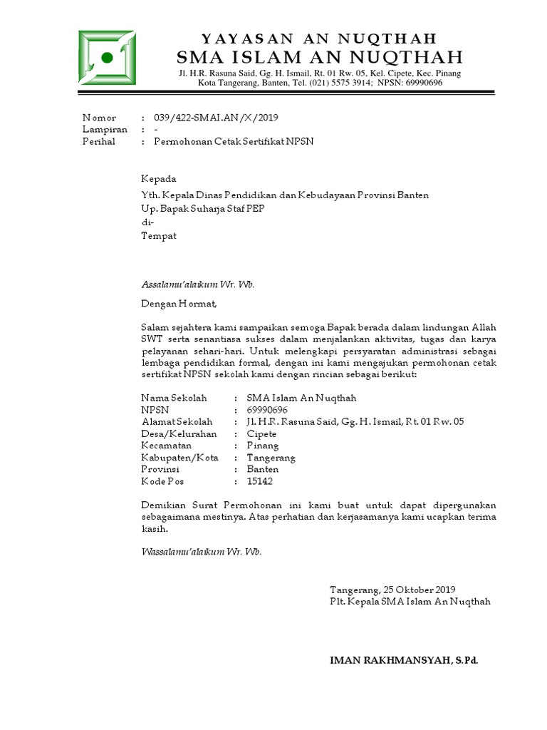 Surat Permohonan Cetak Sertifikat Npsn Pdf