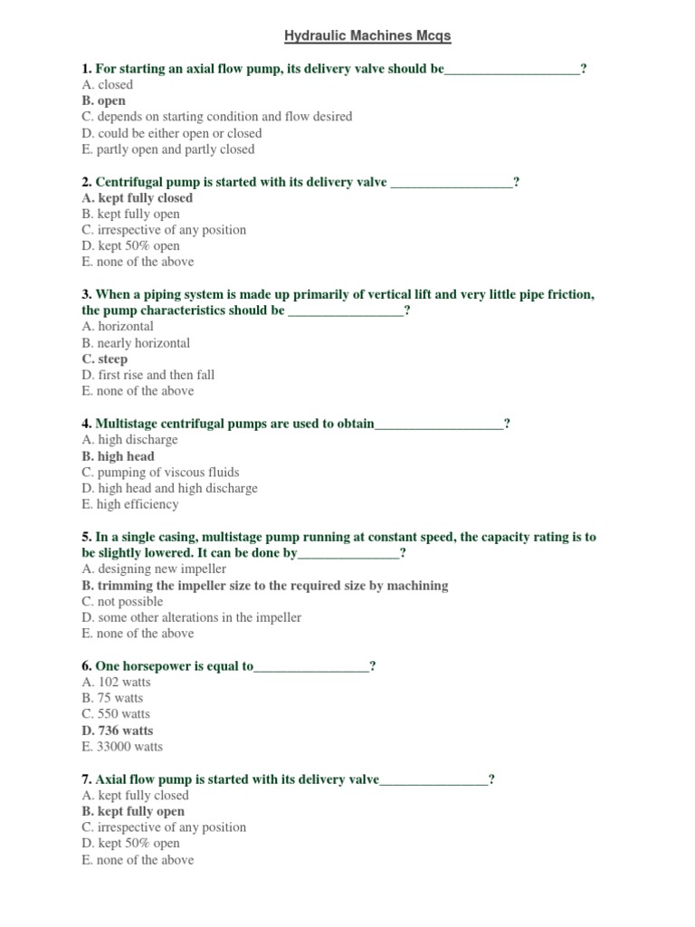 B. Open Hydraulic Machines Mcqs PDF Pump Turbine
