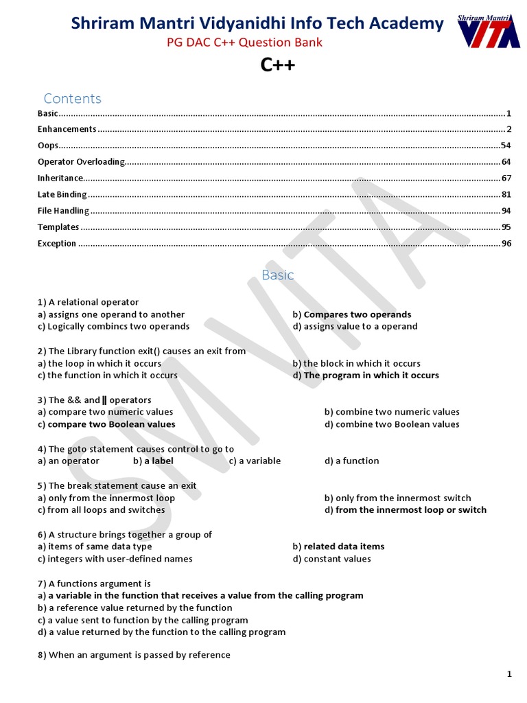 C++ Question Bank for PG DAC Exam | PDF | Control Flow | Software ...