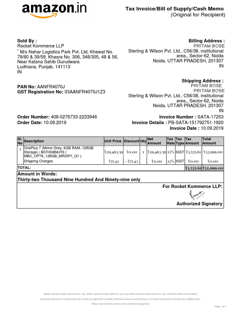 OnePlus 7 Invoice from Rocket Kommerce | PDF | Invoice | Government ...