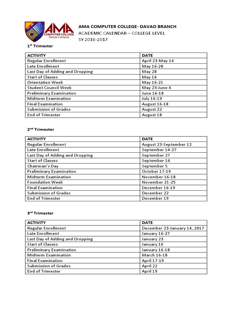 AMA Computer College- Davao Branch Academic Calendar for School Year 2016-2017 Detailing Important Dates for Enrollment, Classes, Examinations and More for Three Trimesters | PDF