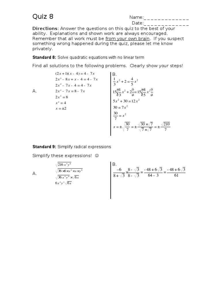 Quiz 8 Solutions | PDF | Equations | Analysis