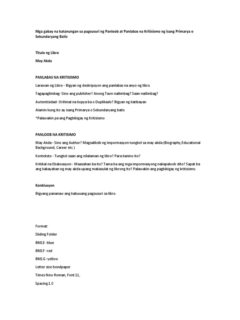 Mga Gabay Na Katanungan Sa Pagsusuri NG Libro | PDF