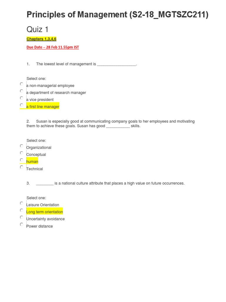 POM Quiz 1 Questions Answers PDF Psychology Behavioural Sciences