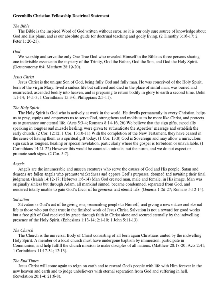 Greenhills Christian Fellowship Doctrinal Statement | PDF | Spiritual ...