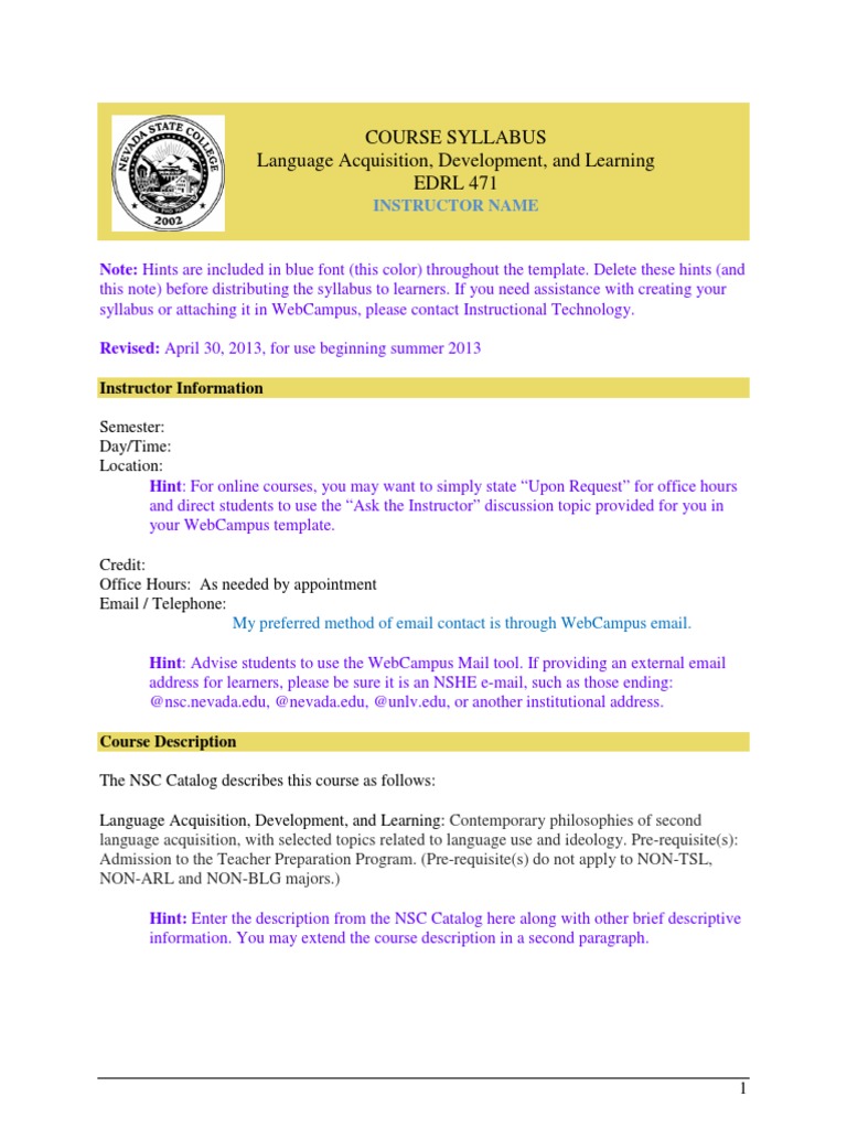 Course Syllabus Language Acquisition, Development, and Learning EDRL ...