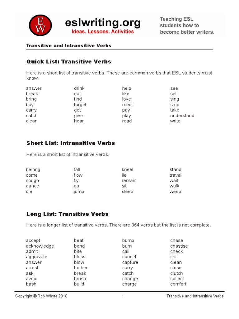 Esl Transitive Verbs PDF | PDF | Grammatical Conjugation