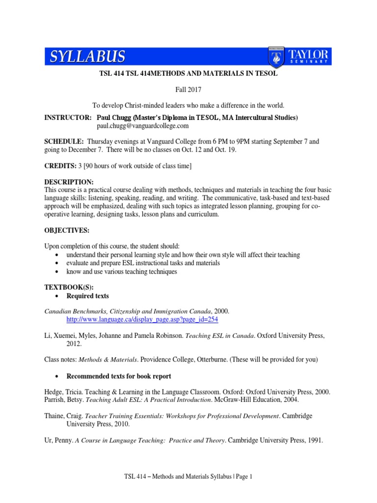 TESOL Methods and Materials Syllabus | PDF | English As A Second Or ...