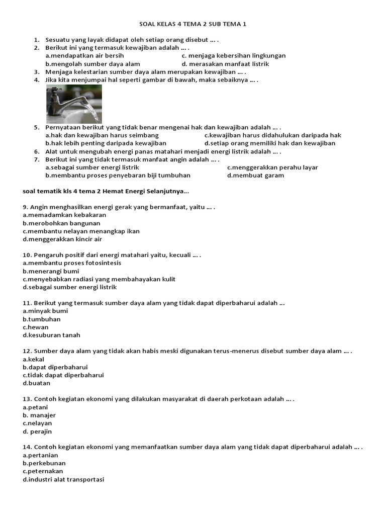 Soal Kelas 4 Tema 2 Sub Tema 1