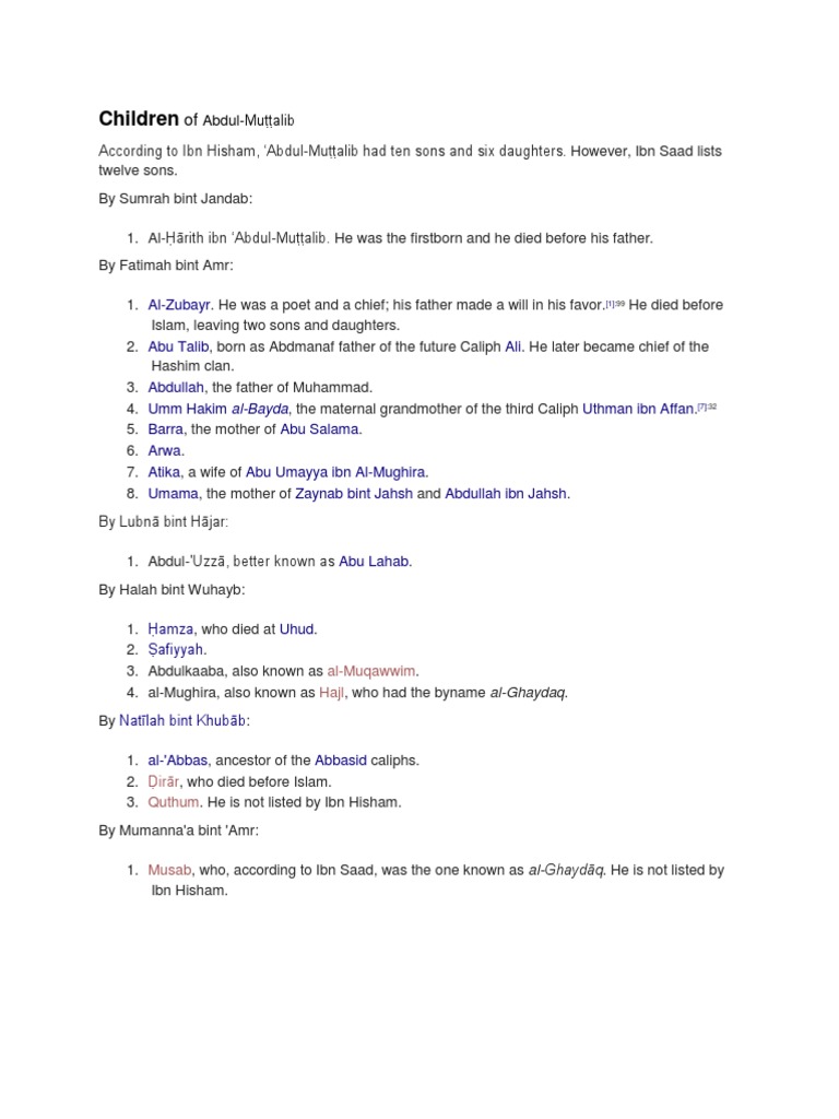 Children of Abdul-Muṭṭalib Overview | PDF