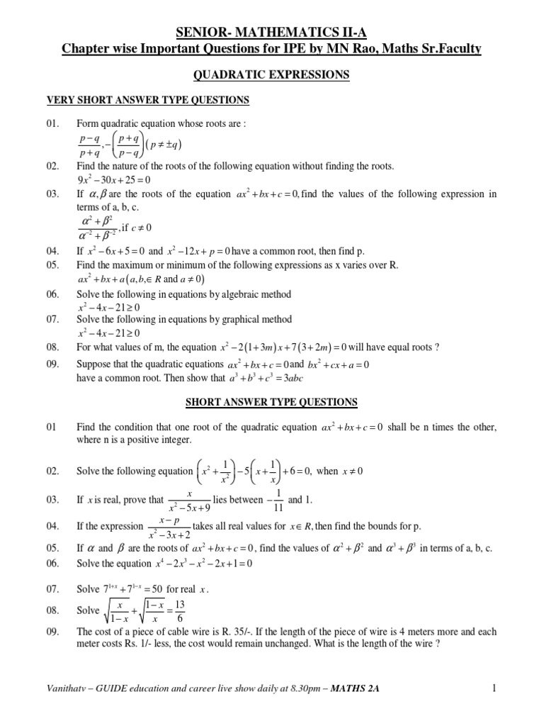 Maths Iia Question Bank Chapter Wise Important Questions For Ipe