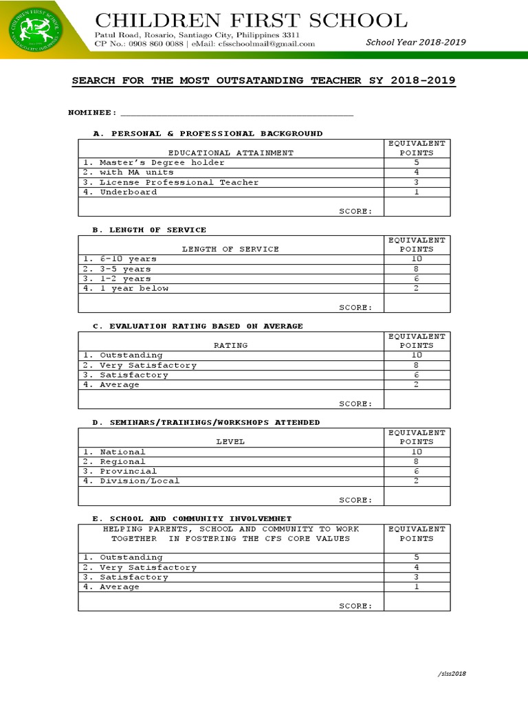 Search For The Most Outsatanding Teacher Sy 2018-2019 | PDF | Teachers ...