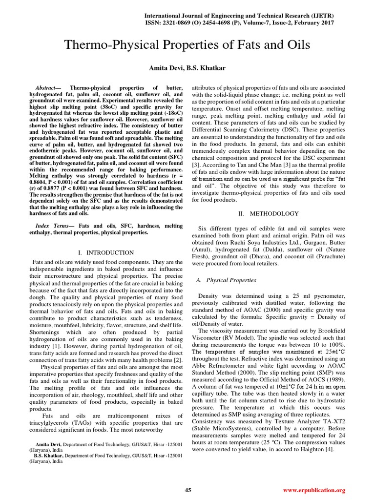 Thermo Physical Properties of Fats and Oils PDF Differential