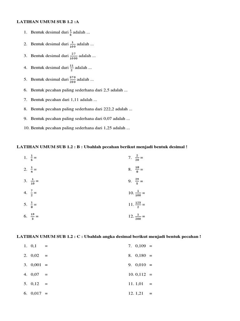 Latihan Soal Pecahan dan Desimal Kelas 5 | PDF