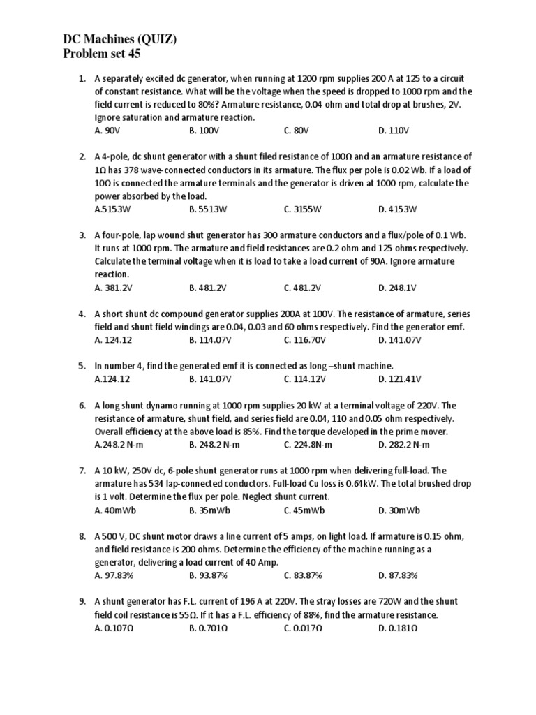 DC Machines Quiz PDF Electric Motor Volt