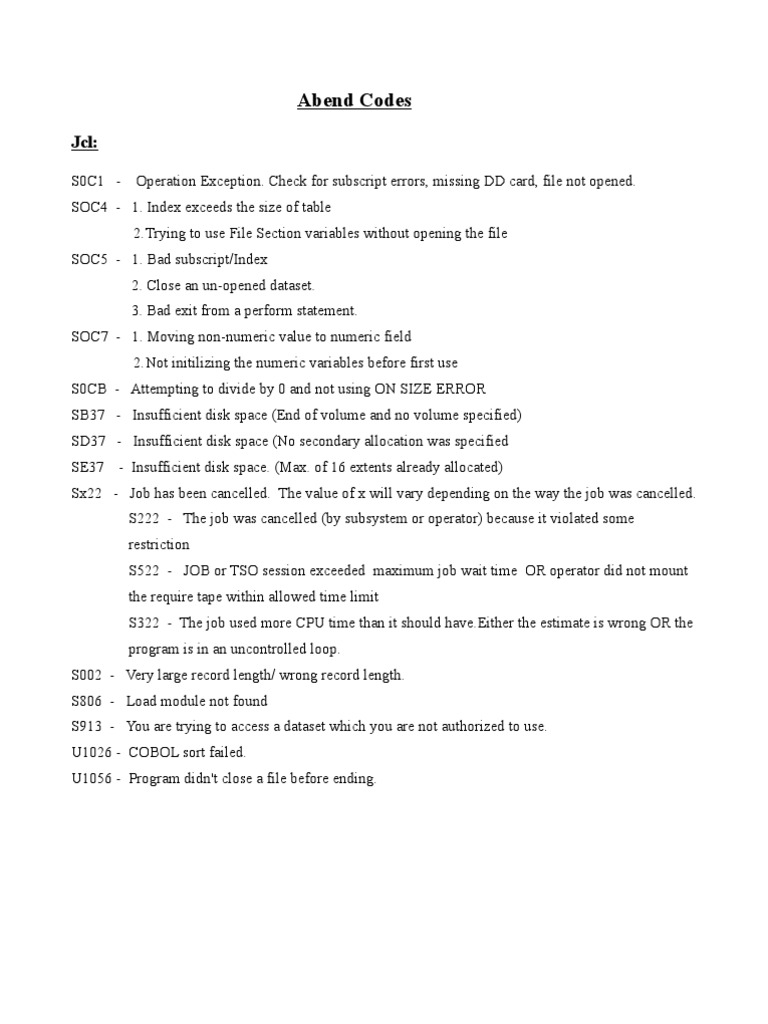 Common Abend Codes Explained | PDF | Computer Programming | Data Management
