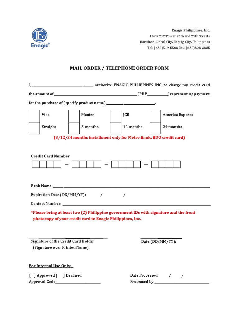 Mail Order / Telephone Order Form: (3/12/24 Months Installment Only For ...