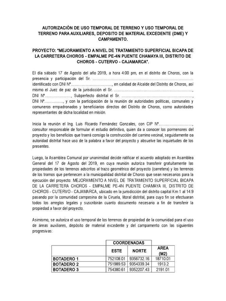 Autorización de Uso Temporal de Terreno para Areas Auxiliares | PDF ...