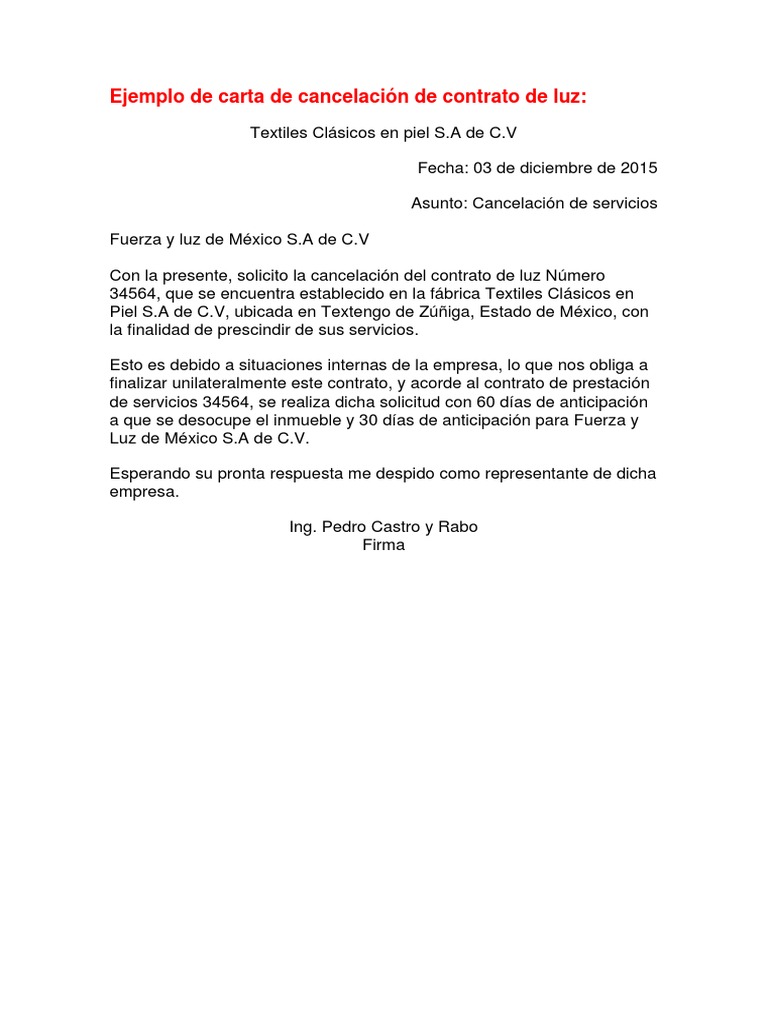 Ejemplo De Carta De Cancelacion De Servicio De Luz Pdf