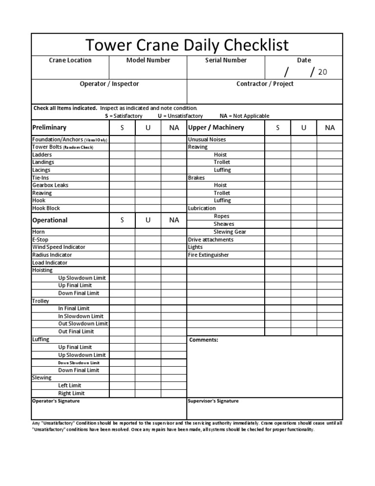 Tower Crane Daily Inspection Form Crane (Machine) Vehicles