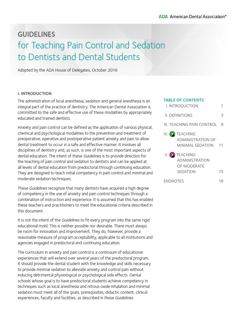 ADA Sedation Teaching Guidelines PDF Anesthesia Pain Management