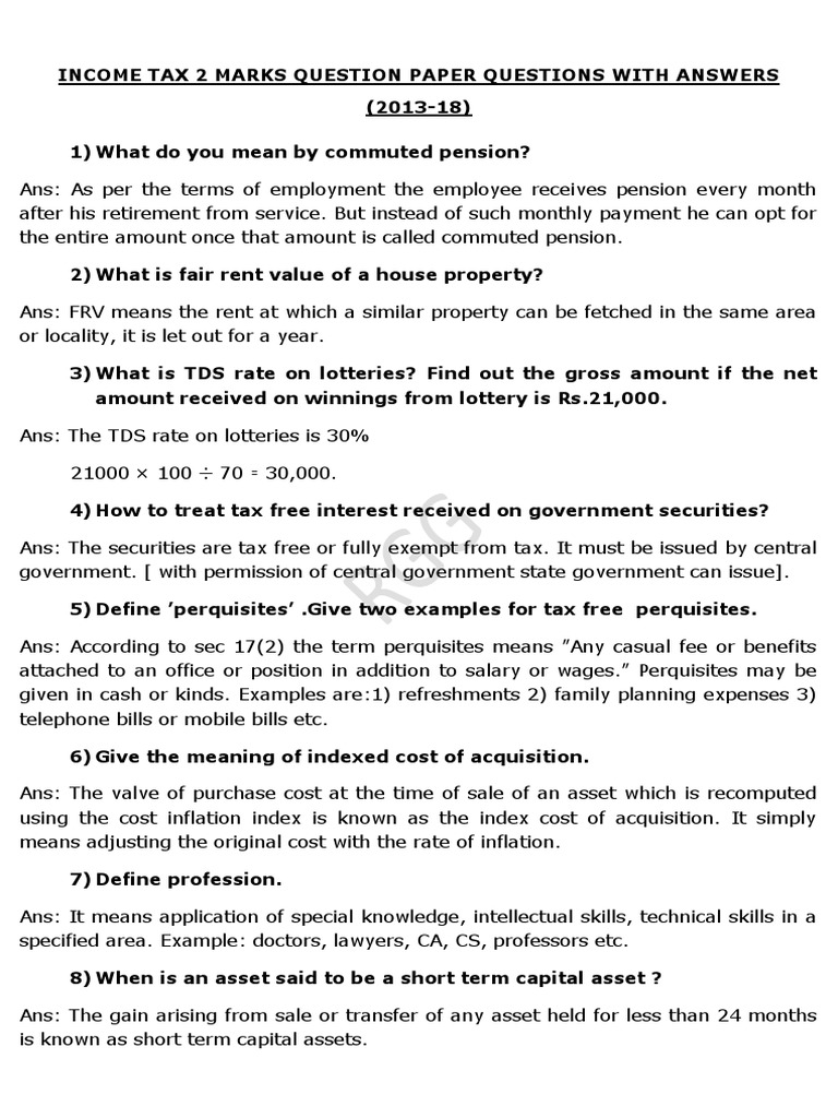 Tax 2 Marks Question Paper Questions With Answers PDF PDF